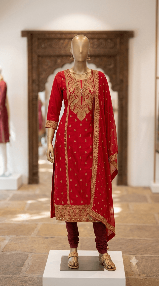 Premium silk kurti in deep red on display