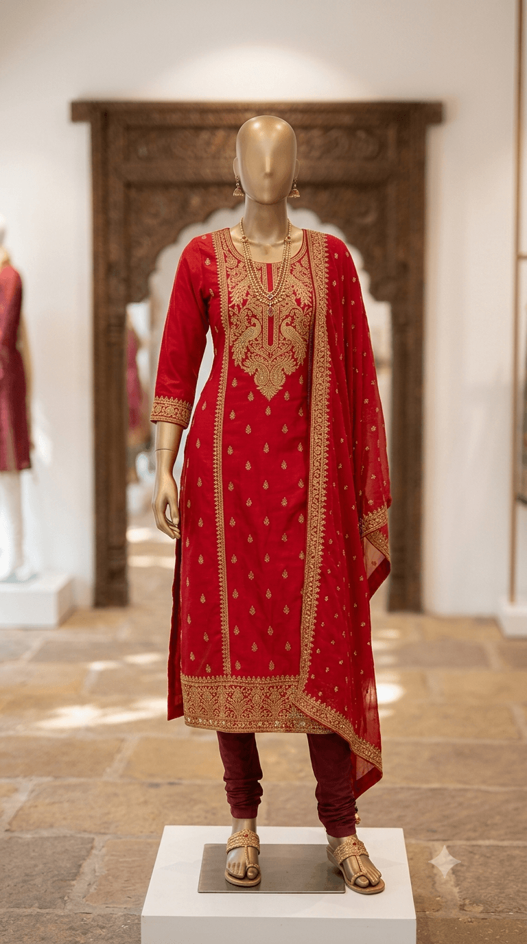 Premium silk kurti in deep red on display